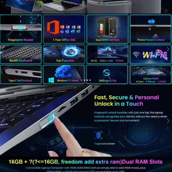 Brand New 16” Laptop · Touchscreen · 16GB/640GB · 2-in-1 Convertible - Picture 9 of 10